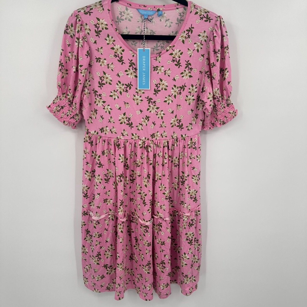 Draper James Lee Ann Dress Small Pink Magnolia Floral Puff Sleeve Tiered Cottage